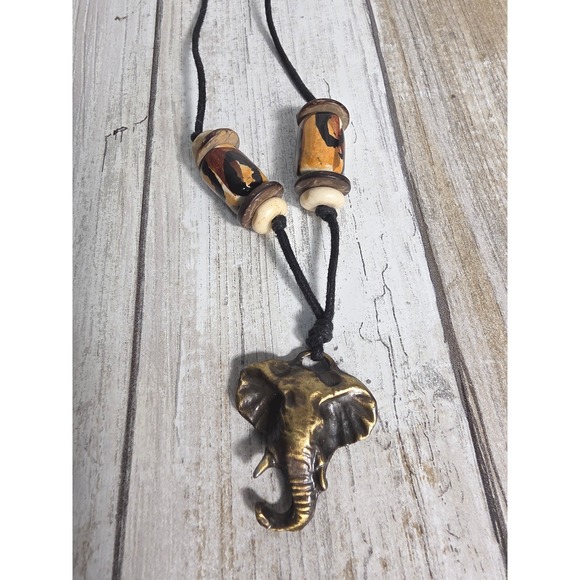 Bronze Elephant Pendant Necklace Boho Animal Print Beads Black Cord Jewelry - Picture 6 of 8